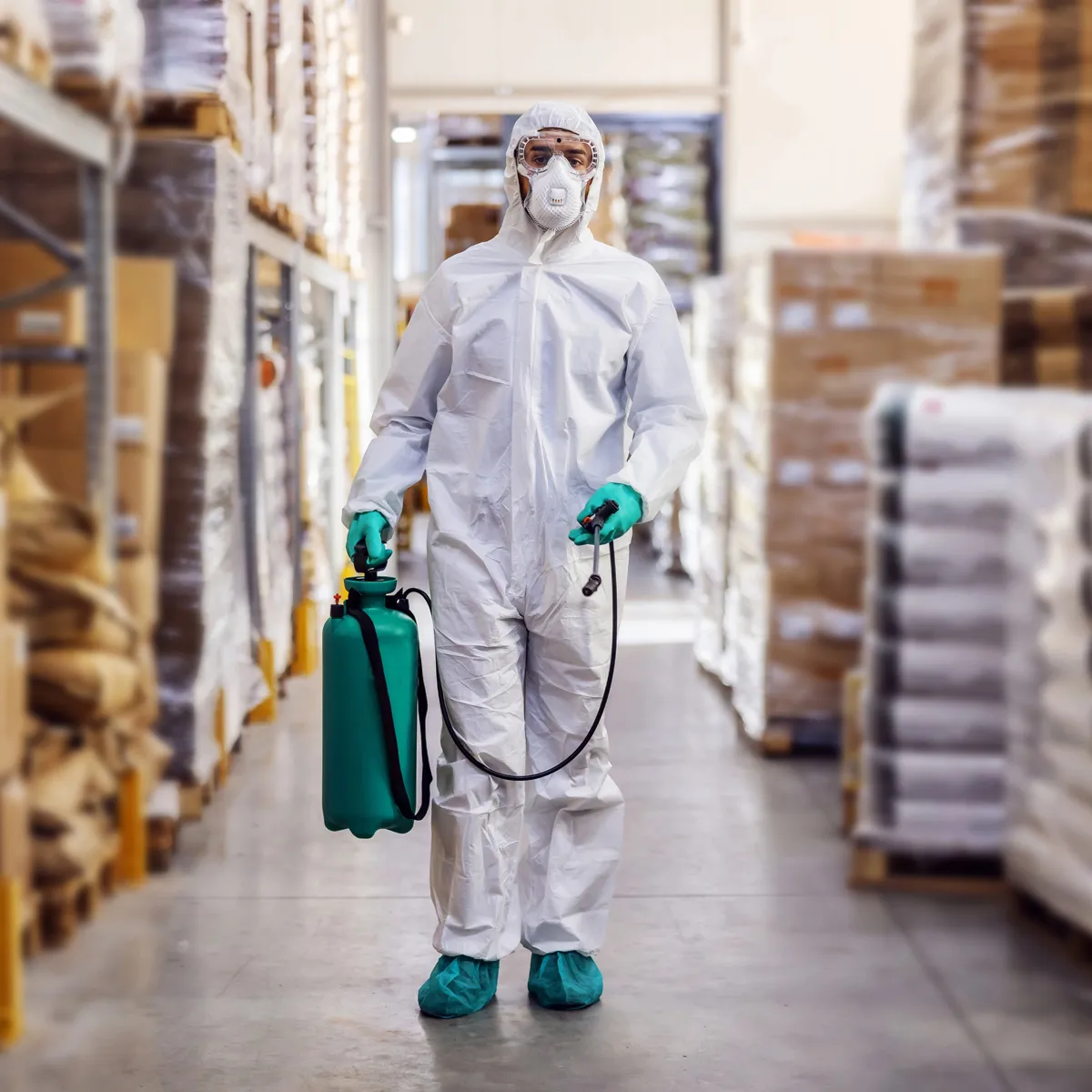 Esperto disinfestatore di Siegel Service in equipaggiamento protettivo completo per servizi industriali professionali a Bari con nebulizzatore certificato. Impresa di pulizie Bari specializzata in disinfestazione magazzini, capannoni industriali e stabilimenti produttivi con tecnici qualificati e massima sicurezza. Controllo professionale infestazioni che garantisce trattamenti efficaci contro roditori, insetti e parassiti in ambienti industriali e logistici.
