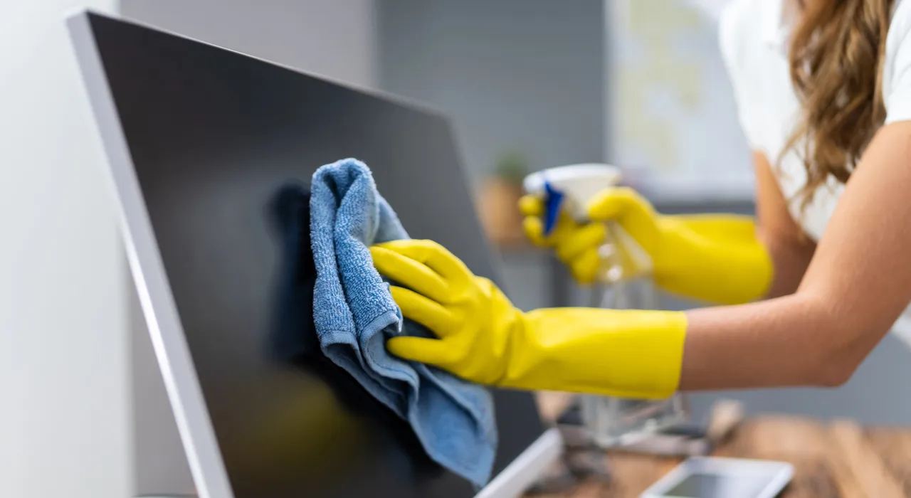Operatrice qualificata di Siegel Service durante pulizia schermi e monitor con panno microfibra per uffici a Bari. Impresa di pulizie Bari specializzata in sanificazione dispositivi elettronici, computer e attrezzature tecnologiche aziendali con prodotti specifici. Servizio di pulizia professionale che garantisce cura dei dettagli e protezione di schermi, monitor e superfici delicate negli ambienti di lavoro.