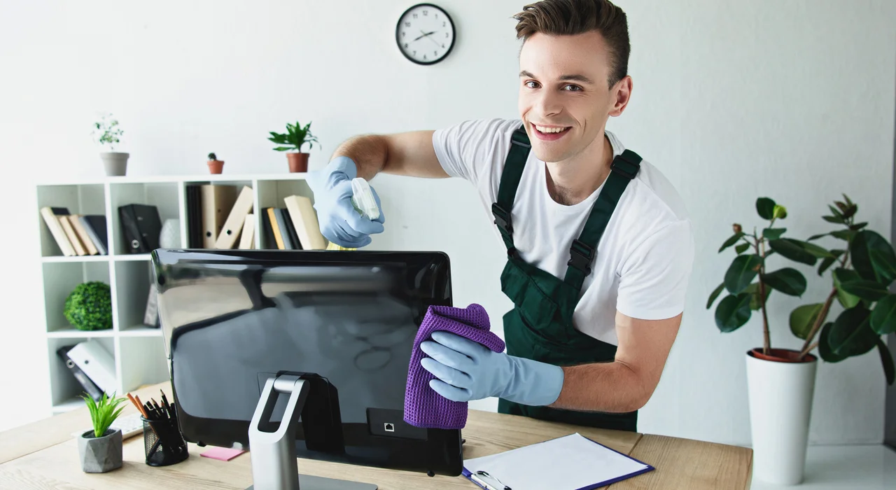 Operatore sorridente durante pulizia computer e postazioni tecnologiche in ufficio moderno a Bari con guanti protettivi. Impresa di pulizie Bari specializzata in sanificazione professionale di PC, monitor e attrezzature informatiche aziendali con prodotti specifici. Servizio di pulizia uffici che unisce competenza tecnica e approccio cordiale per garantire workstation sempre perfette e igienizzate.